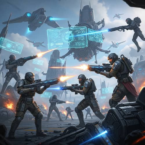 Futuristic Battlefield Combat Scene with Soldiers and High-Tech Weapons