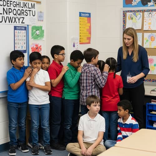 Diverse Primary School Students Perform Safety Lockdown Drill