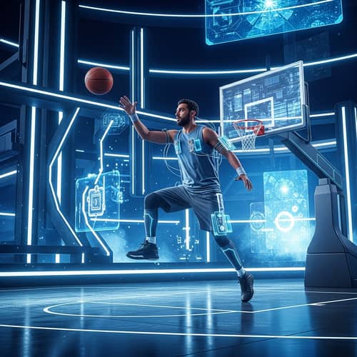 Futuristic Basketball Player in Neon-Lit Environment