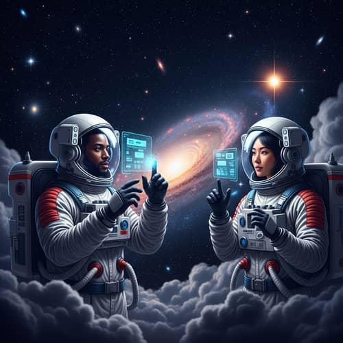 Unity in Space: Futuristic Scene of Diverse Astronauts Communicating