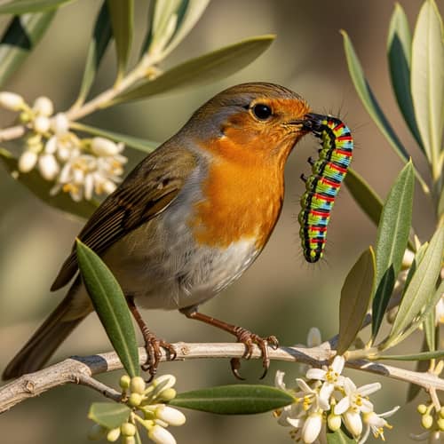 Realistic Gold-Breasted Robin with Rainbow-Colored Moth Caterpillar