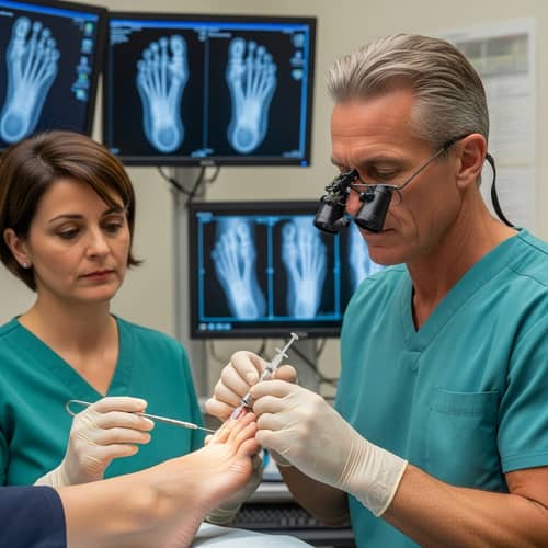 Podiatrist Performing Injection on Patient's Big Toe - Medical Environment