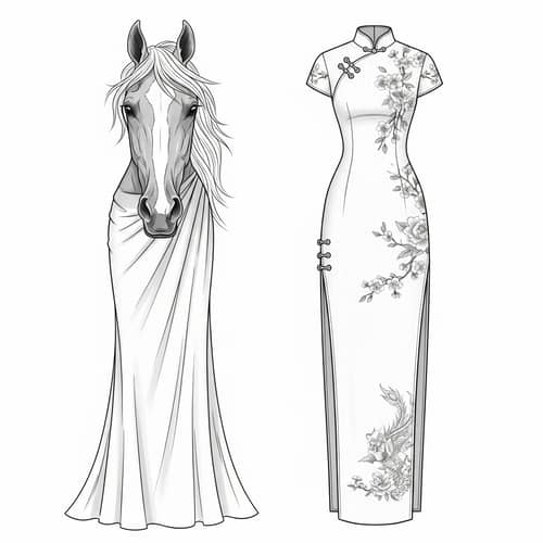 Horse Face Dress and Qipao Sketch Art