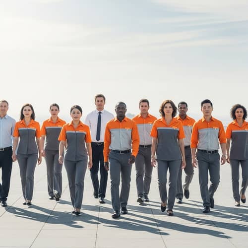 Diverse Group of Bankers in Orange & Grey Attire Walking Towards Horizon