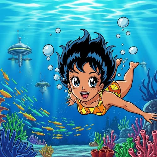 1960s Anime Sci-Fi Extroverted Female with Detailed Eyes Swimming