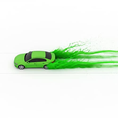 Fast Green Car on White Road with Vibrant Splashes