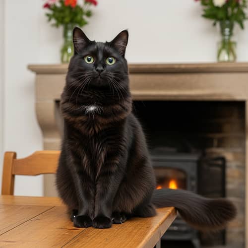Majestic Black Domestic Cat on Rustic Table - Enchanting Scene