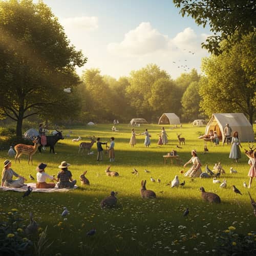 Tranquil Utopia in Verdant Field with Exuberant Animals and People