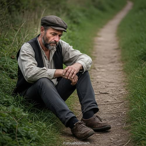 Melancholic Man by the Path - Vintage Scene Depicting Sadness