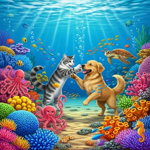 Playful Cat and Dog Underwater | Coral Reef Sea Creatures
