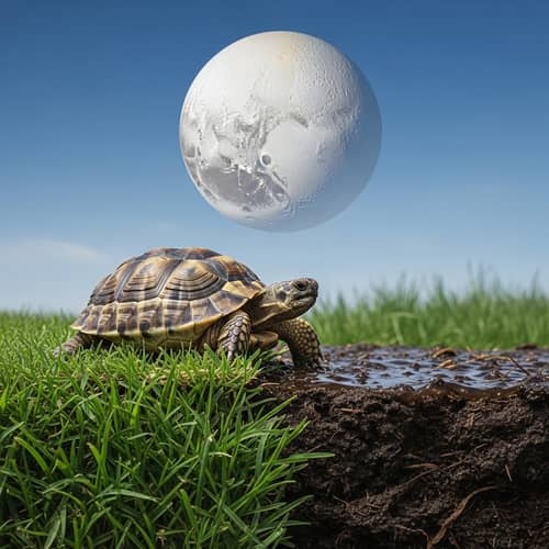 Humble Turtle in Natural Habitat on Earth with Pluto in the Sky