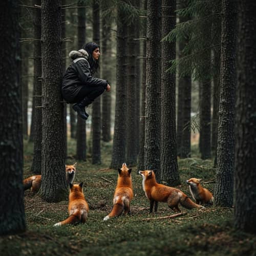 Curious Red Foxes Encounter Middle-Eastern Girl in Dense Spruce Forest