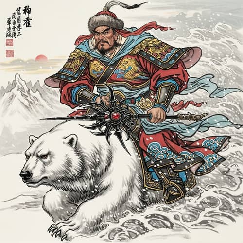Genghis Khan on Polar Bear: Traditional Chinese Painting
