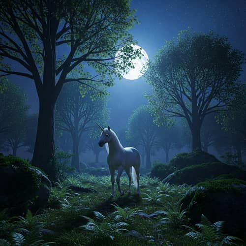 Unicorn in Mysterious Forest at Moonlight