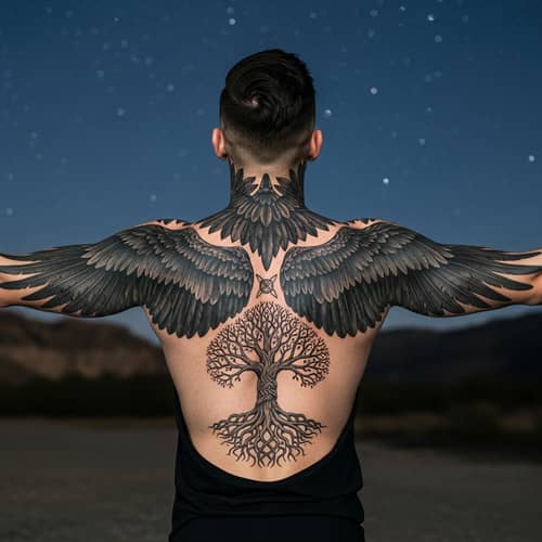 Mythical Tattooed Man with Raven Feather and Yggdrasil Wings