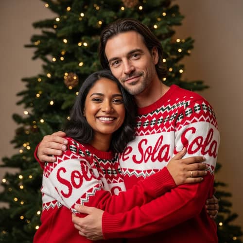 Festive Holiday Image: South-Asian Woman & French Man Sharing Warm Hug