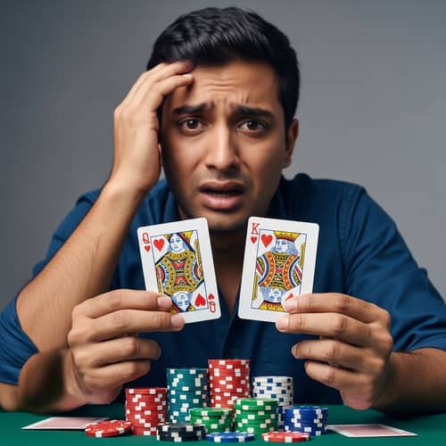 Man Losing Card Game with Queen and King Cards - Illustration