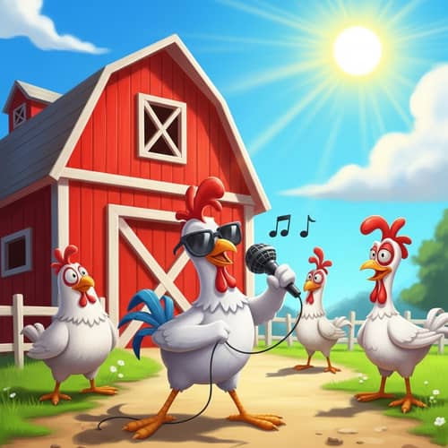 Cartoon Chickens at Red Barn: Bold, Vibrant Artwork