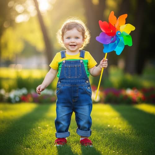 Adorable Child Character Playing with Pinwheel in Sunlit Park
