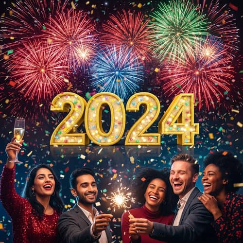 Celebrate Year 2024: Festive 3D Number, Colorful Confetti & Fireworks