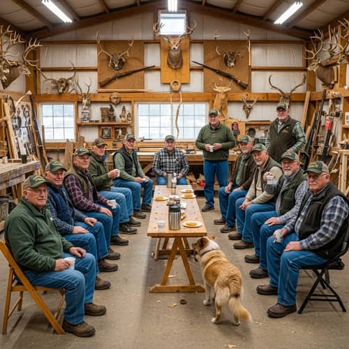 Bear Claw Militia - Diverse Group in Rustic Workshop Enjoying Tradition