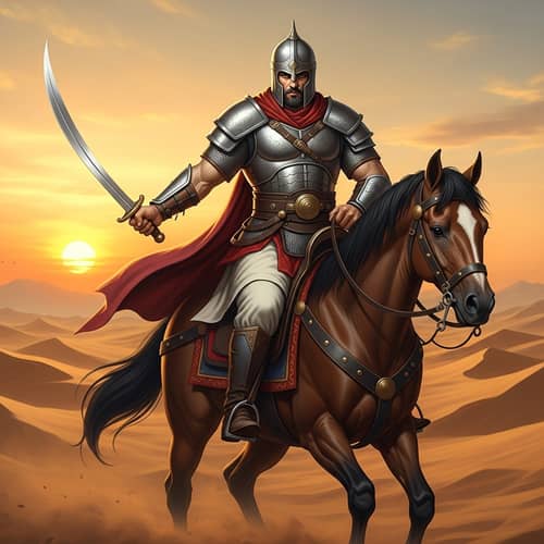 Ancient Muslim Arab Knight Riding War Horse in Arabian Desert