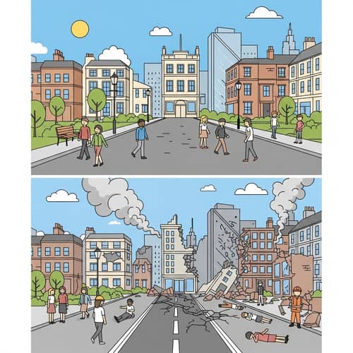 Cityscape Evolution: Idyllic Vs Post Earthquake Scenes