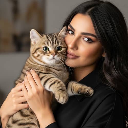 Lovely Middle-Eastern Woman Holding Plush Tabby Cat