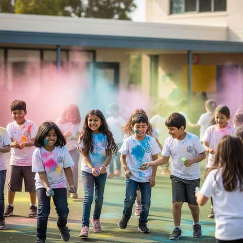 Diverse Kids Celebrate Holi in School Campus | Joyful Scene