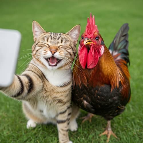 Realistic Cat and Rooster Selfie - Hyperrealism & Photorealism