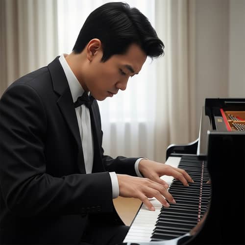 Professional Asian Male Pianist Playing Elegant Grand Piano