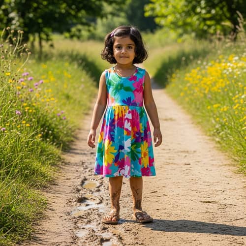 Young South Asian Girl in Summer Dress at a Dirt Path