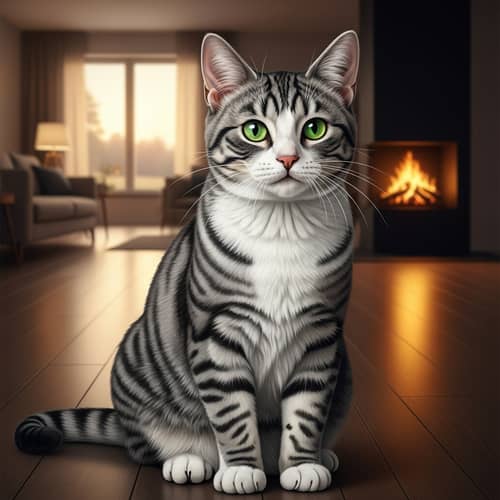 Striped Grey & White Domestic Short-Haired Cat with Green Eyes