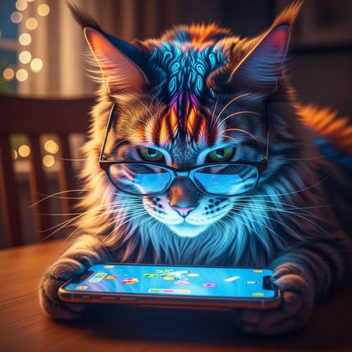 Vibrant Large Cat with Glasses Playing Smartphone