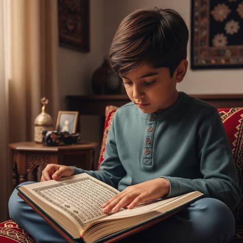 Middle-Eastern Boy Reading Qur'an in Peaceful Traditional Room