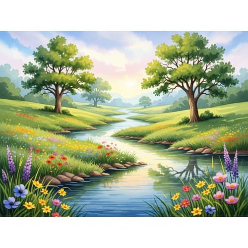 Tranquil Watercolor Landscape: Verdant Fields & Wildflowers