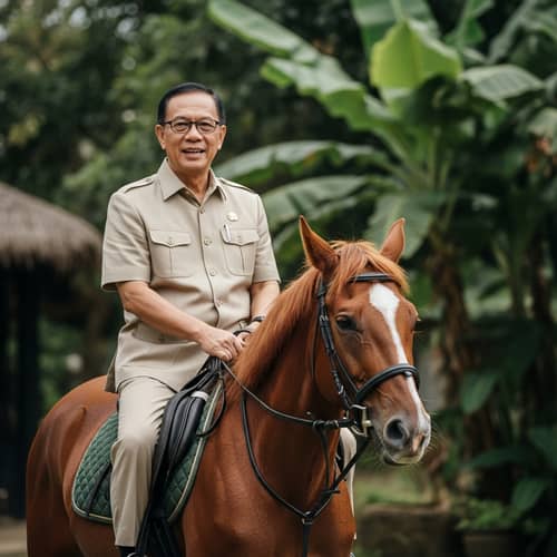 Middle-Aged Indonesian Politician Riding Horse - Safari Suit & Glasses