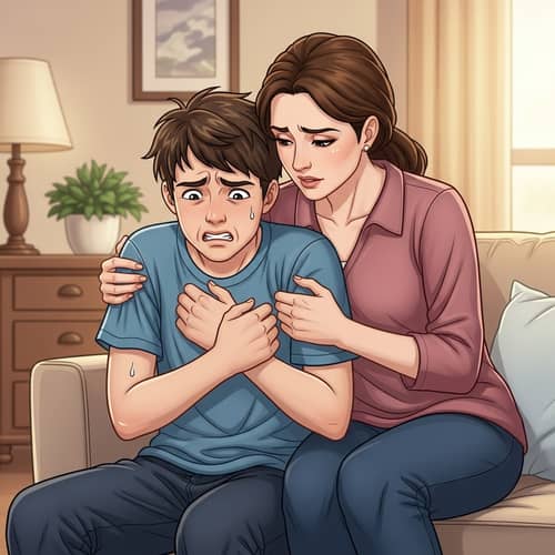 Anxious Teenage Boy Receiving Comforting Hug from Mom