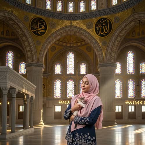 Middle-Eastern Woman in Baju Kurung Holding Kitten in Mosque