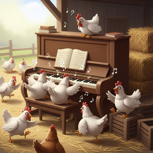 Quaint and Lively Chickens Playing with Piano