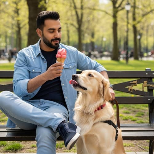 Middle-Eastern Man Savors Strawberry Ice Cream with Companionship | City Park Scene