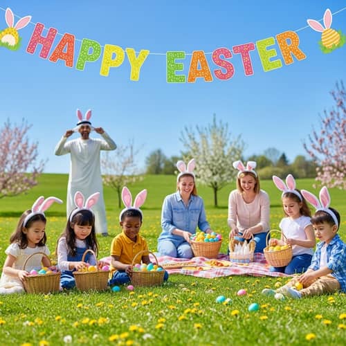 Festive Easter Scene: Kids' Egg Hunt & Bunny Fun