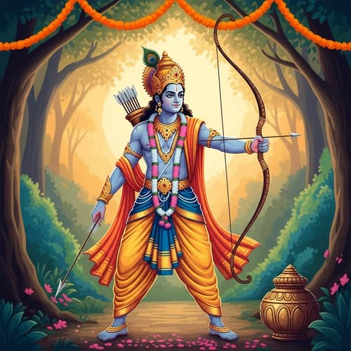Ancient Indian Mythology-Inspired Character in Vibrant Scene