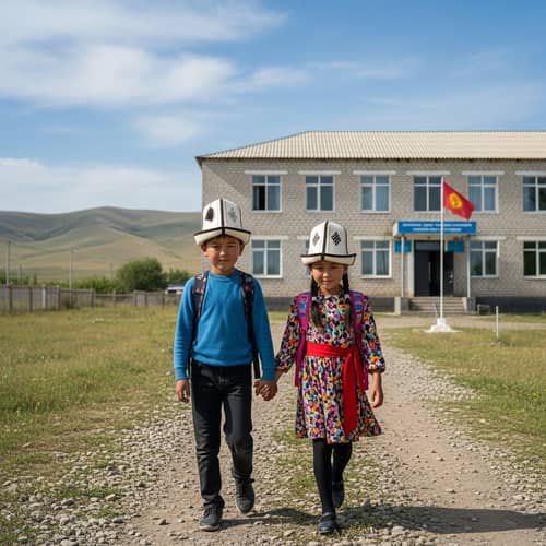Kyrgyz Boy and Girl Walking to School | Traditional Ak Kalpak Hats