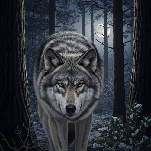 Grey Wolf in Pine Forest with Snow | Nocturnal Wildlife Scene