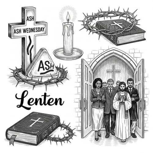 Lenten Season Symbolism | Ash Cross, Candle, Thorns, Bible Sketch