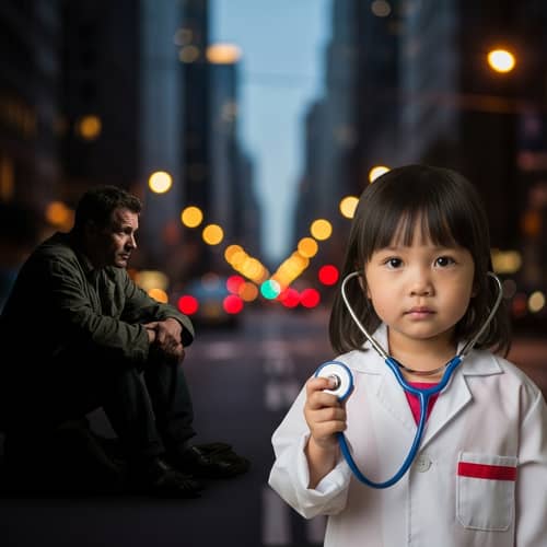 Hope and Resilience: Contrasting Lives in Evening Cityscape