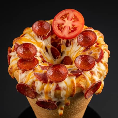 Cone-Shaped Pizza with Cheese, Pepperoni, and Tomato Slice