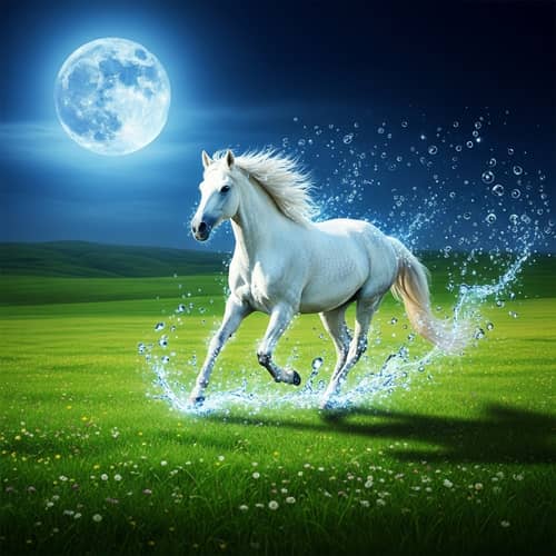 White Wild Horse Running Under Blue Moonlight