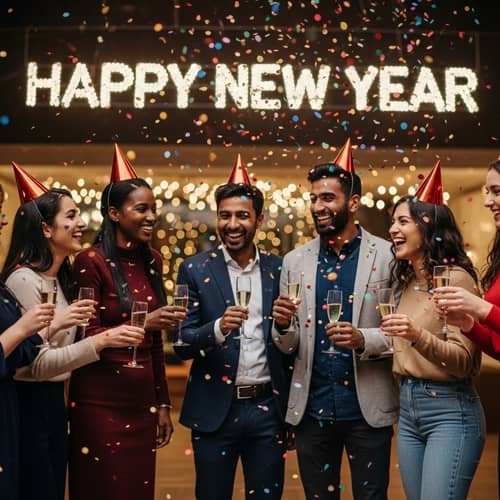 Diverse New Year Celebration with Middle-Eastern, Black, South Asian, Hispanic Individuals